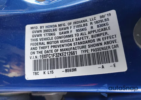 2019 Honda Civic Ex из США, поврежденный, VIN 19XFC1F32KE212661